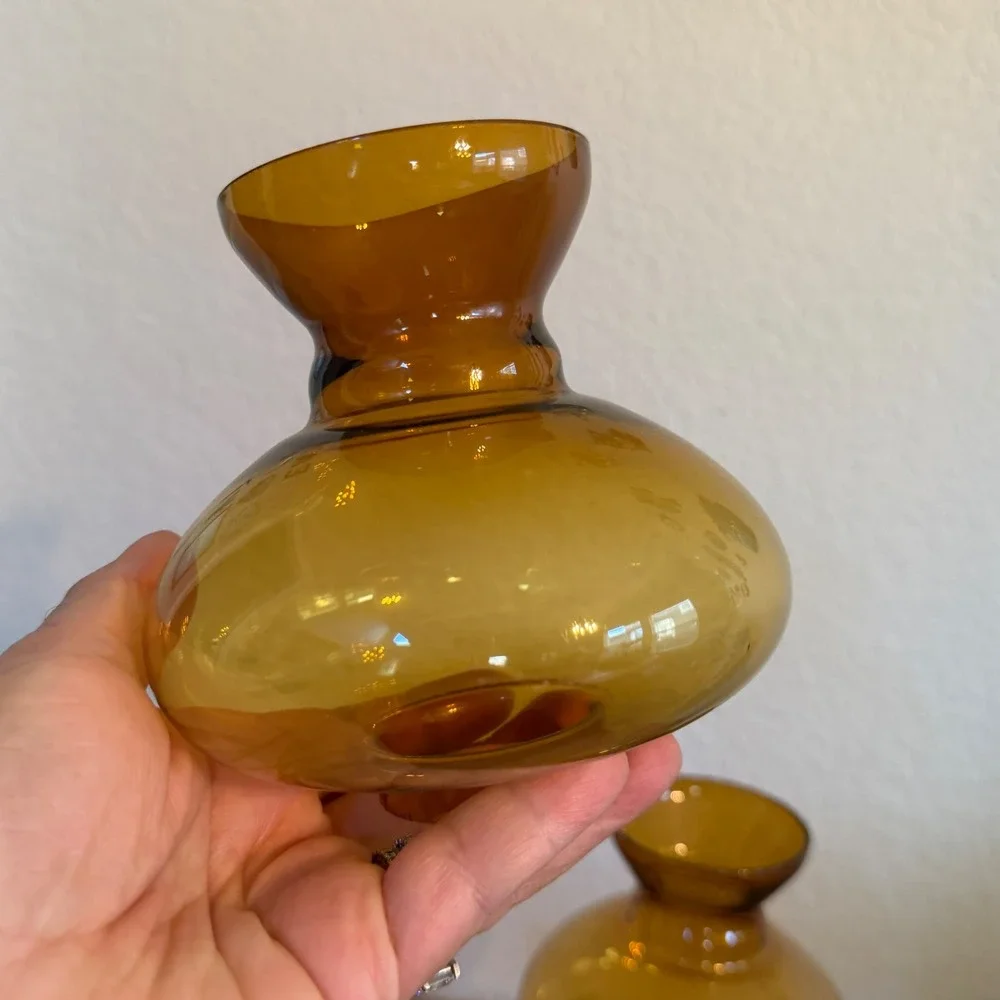 Vintage Brass Double Arm Candelabra Amber Glass Hurricane Tea Light Holder MCM